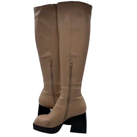 Jeffrey Campbell Knee High Boot Tan Sz 8 Dauphin Square Toe Platform Chunky - Picture 9 of 15